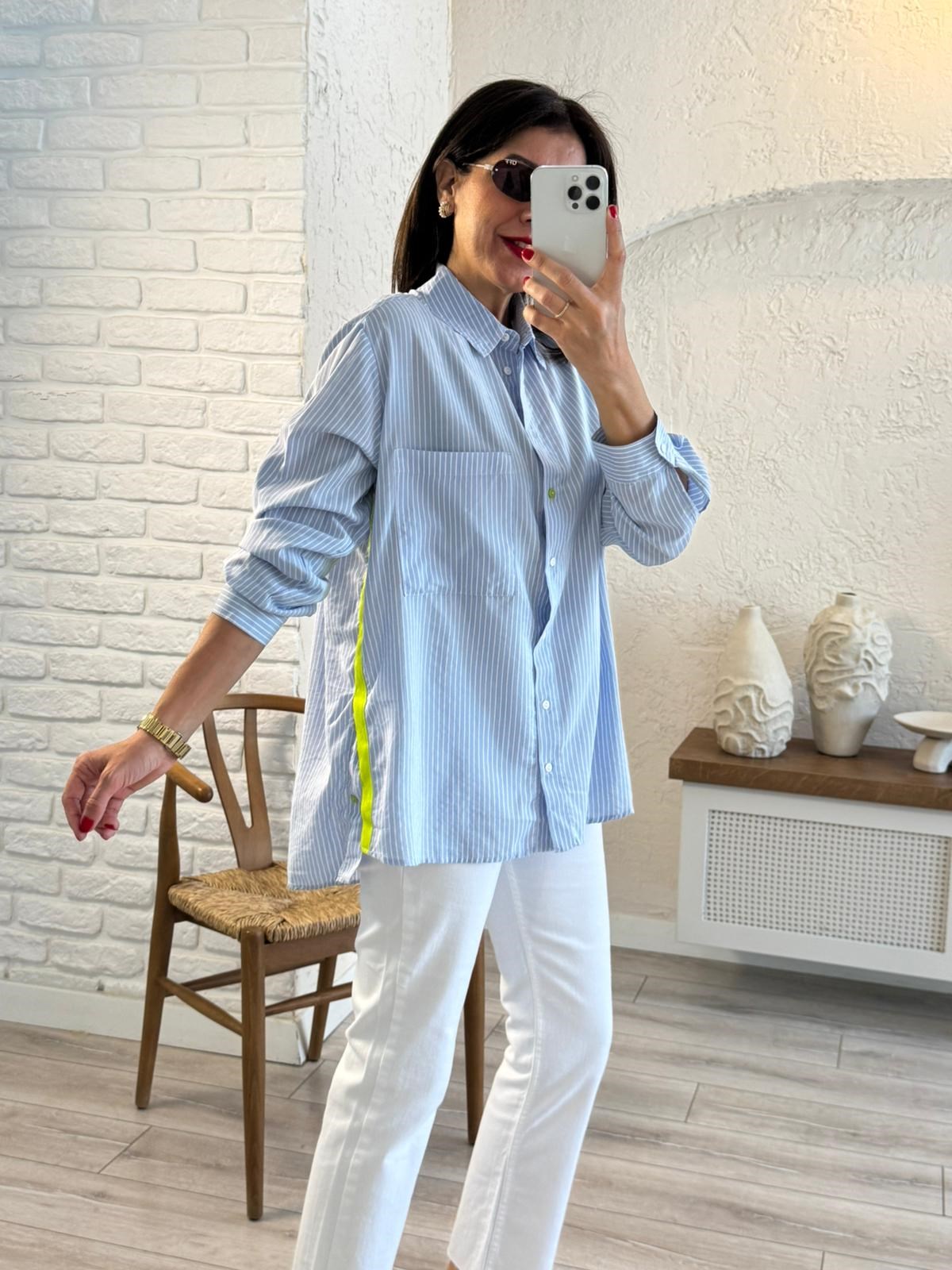 Yeşil Şeritli Çizgili Gömlek Mavi