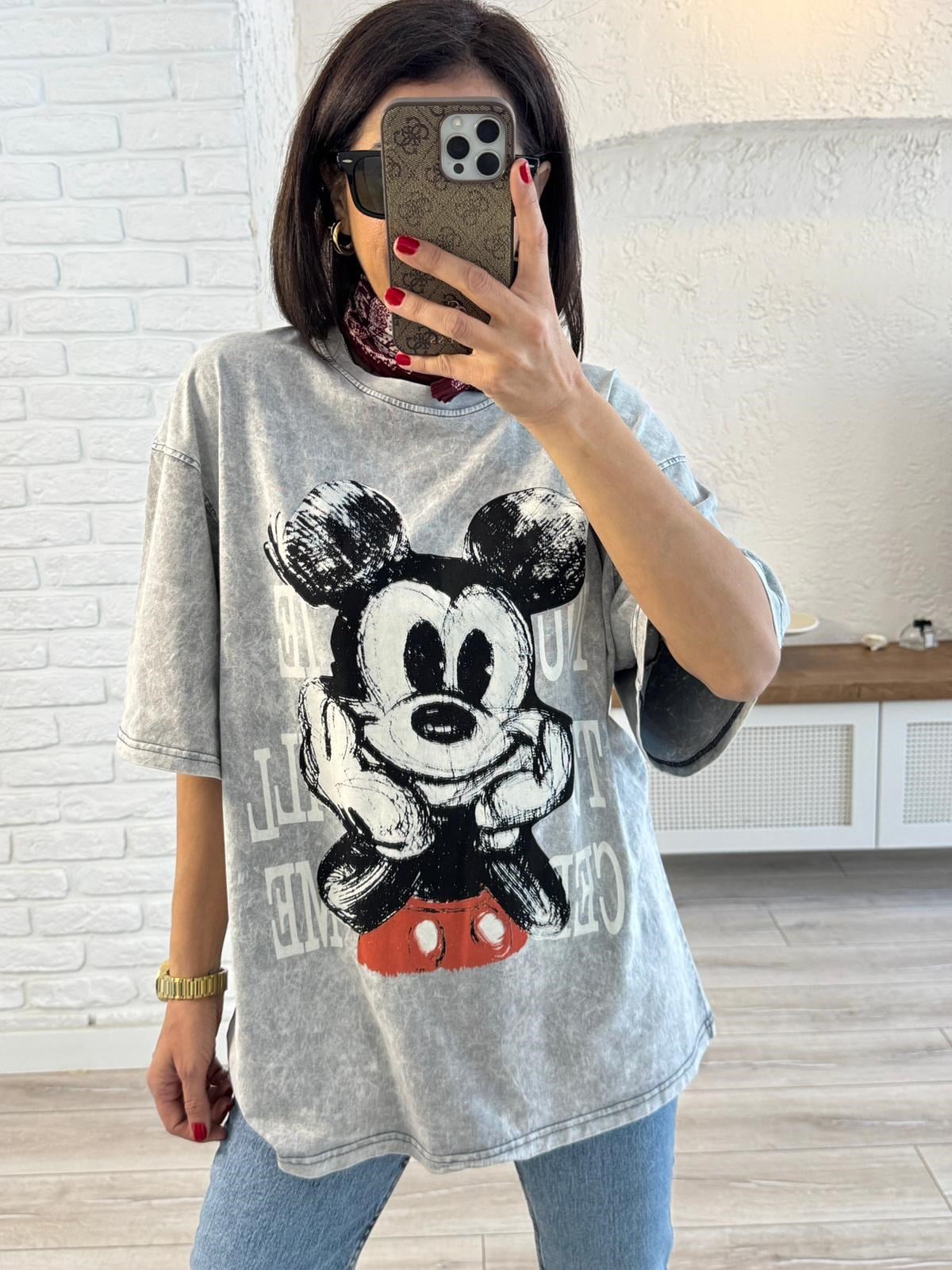 You Miki Baskılı Oversize Tişört Gri