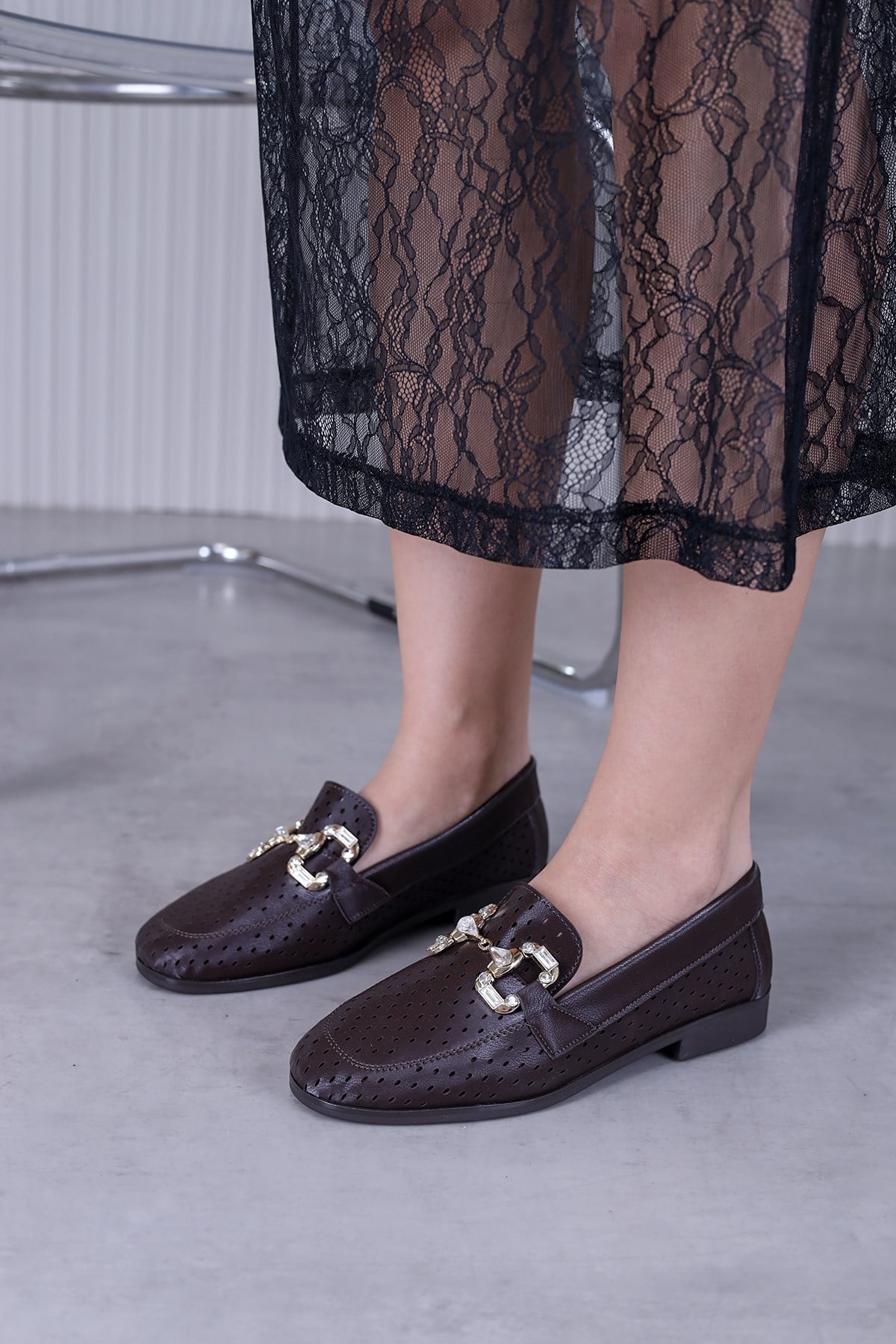 losiva model yeni sezon taş aksesuar detaylı babet KAHVE