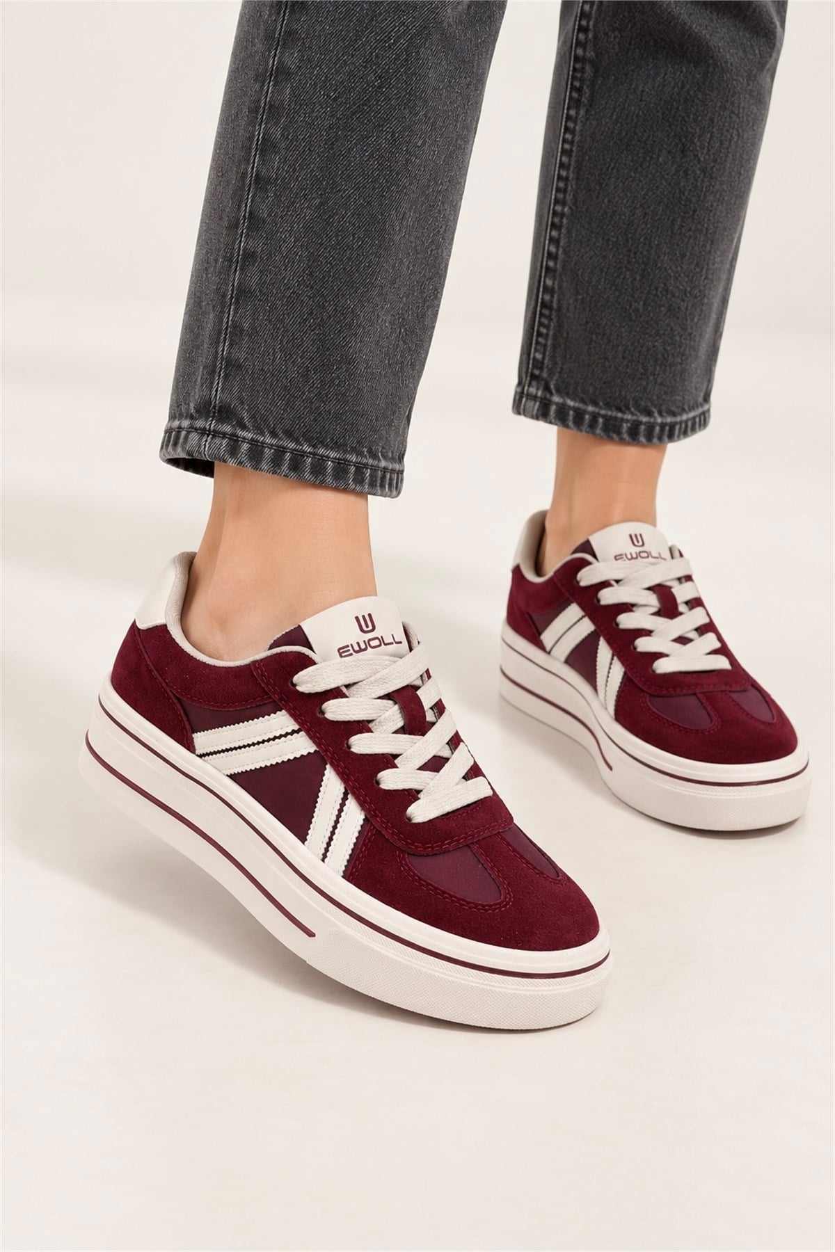 niva model 4 cm tabanlı yeni sezon orjinal deri spor ayakkabı BORDO.BEJ