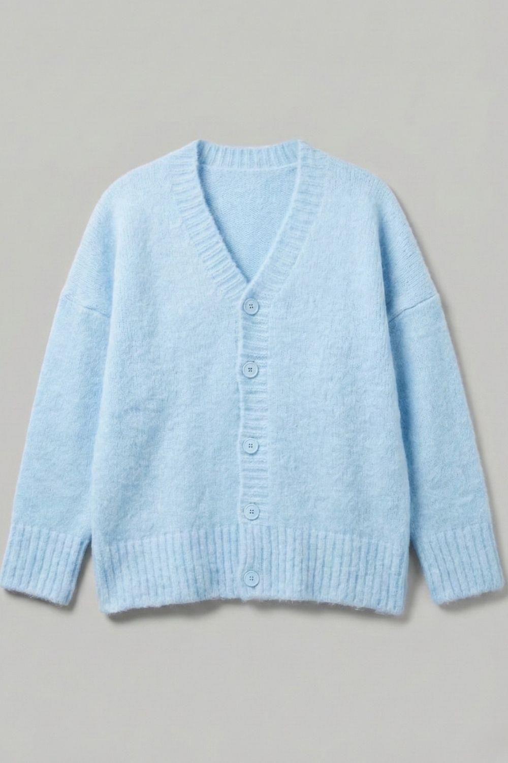 Erkek Bebe Mavisi Oversize Sakallı Düğmeli Hırka