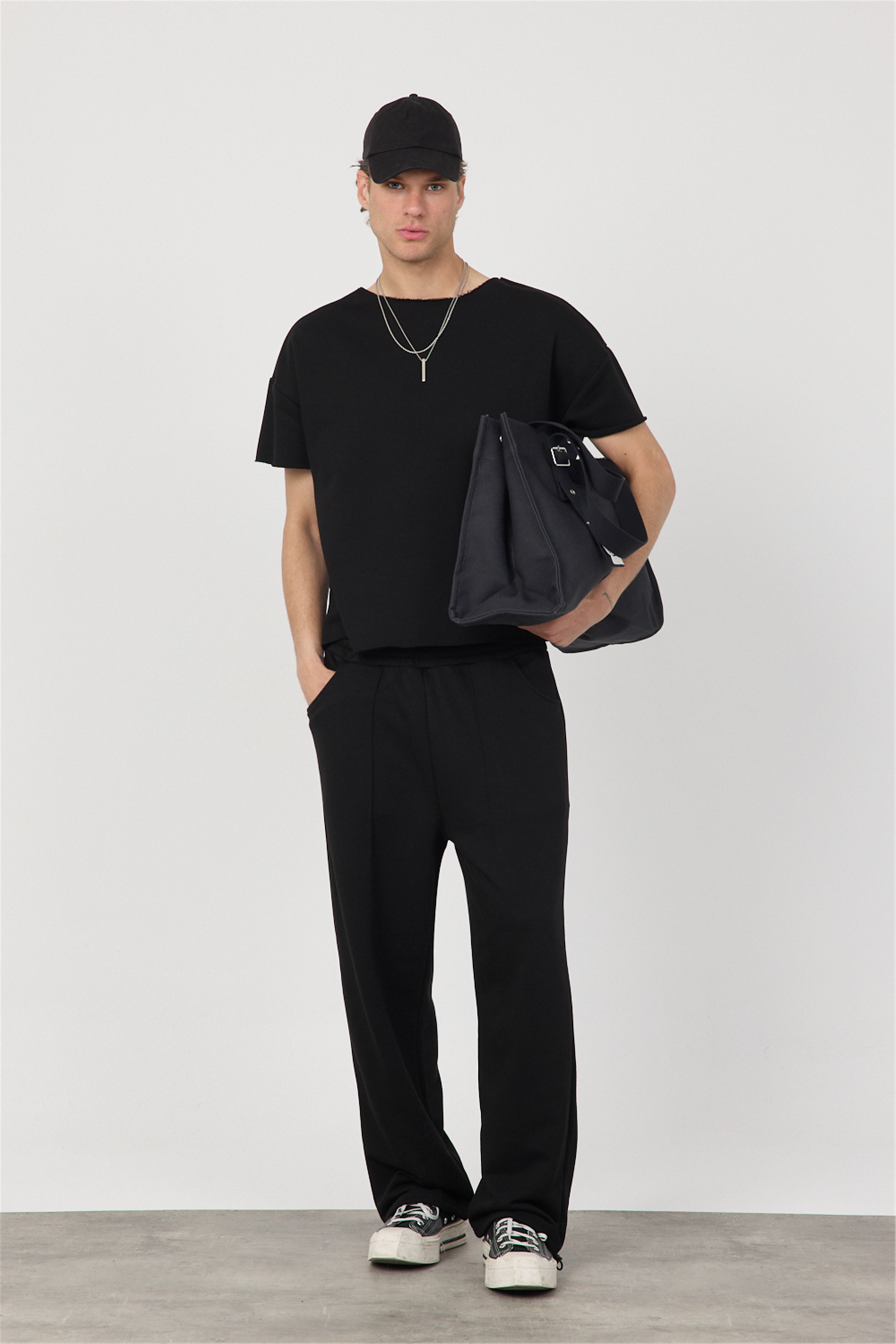 Erkek Blank Siyah Ayarlanabilir Paça Eşofman Altı