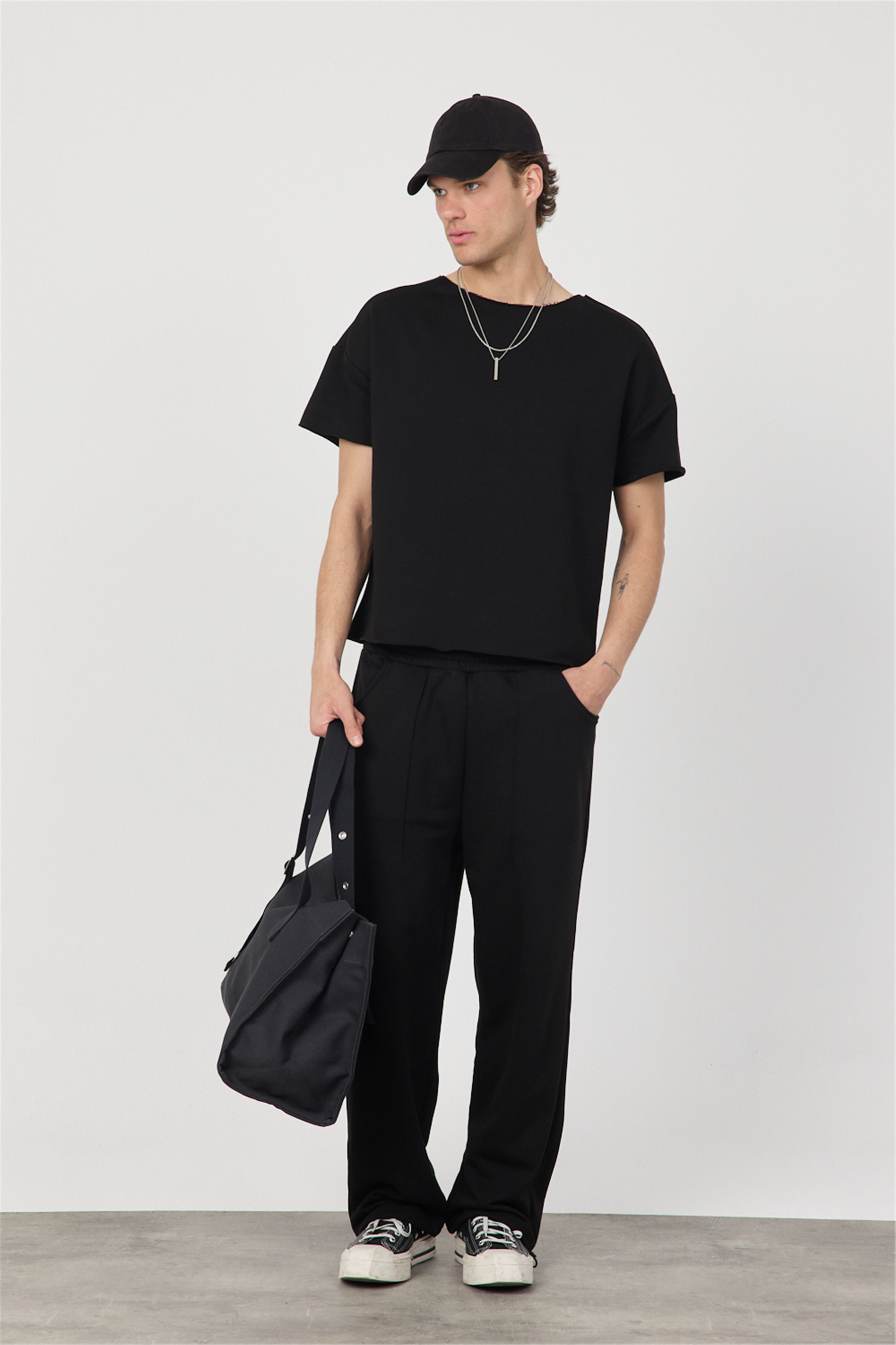 Erkek Blank Siyah Ayarlanabilir Paça Eşofman Altı