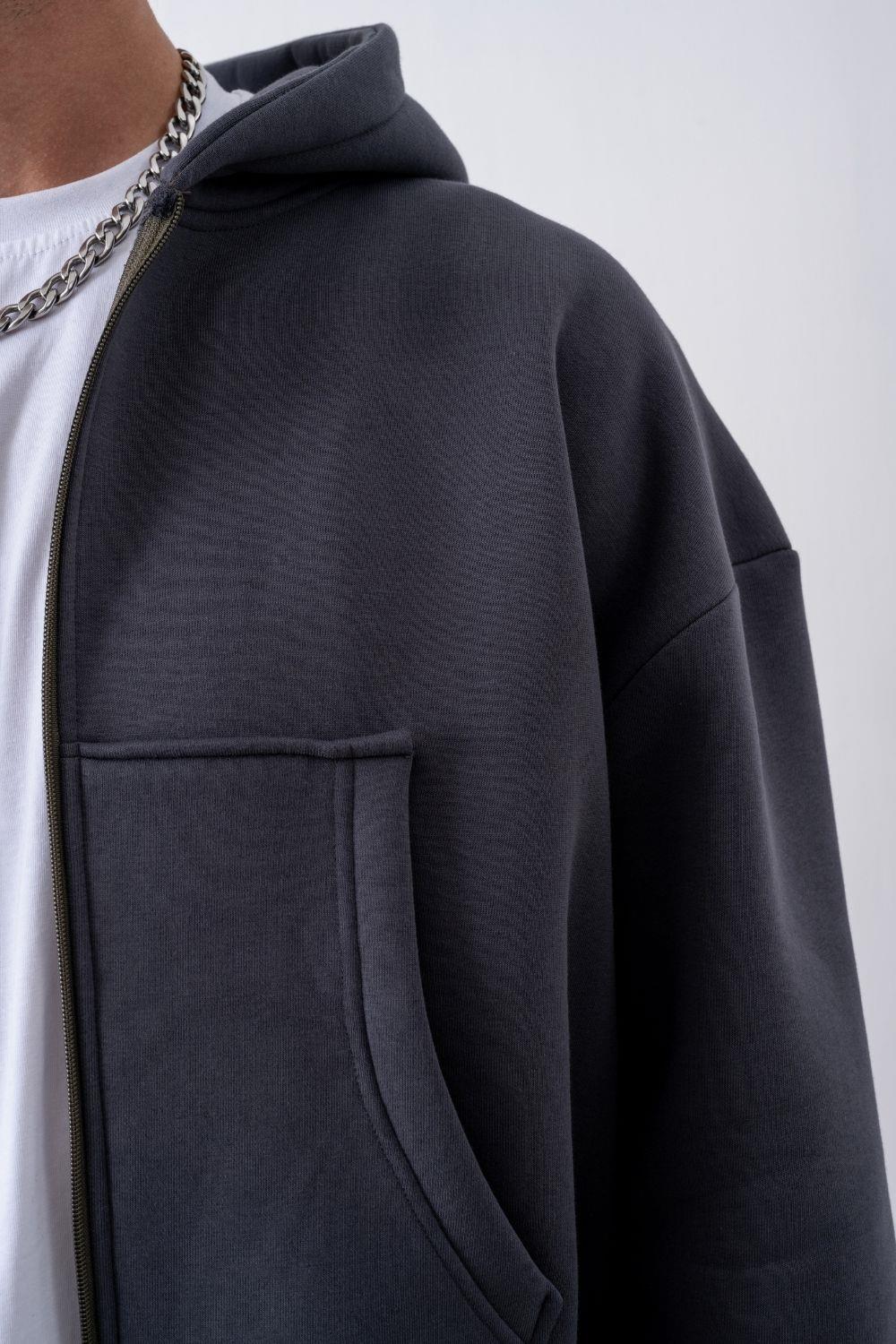 Erkek Boxy Oversize Fermuarlı Chill Antrasit Sweatshirt