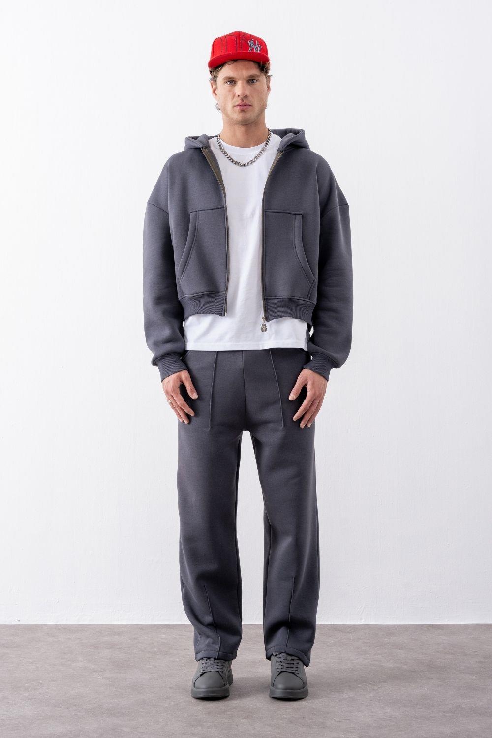 Erkek Boxy Oversize Fermuarlı Chill Antrasit Sweatshirt