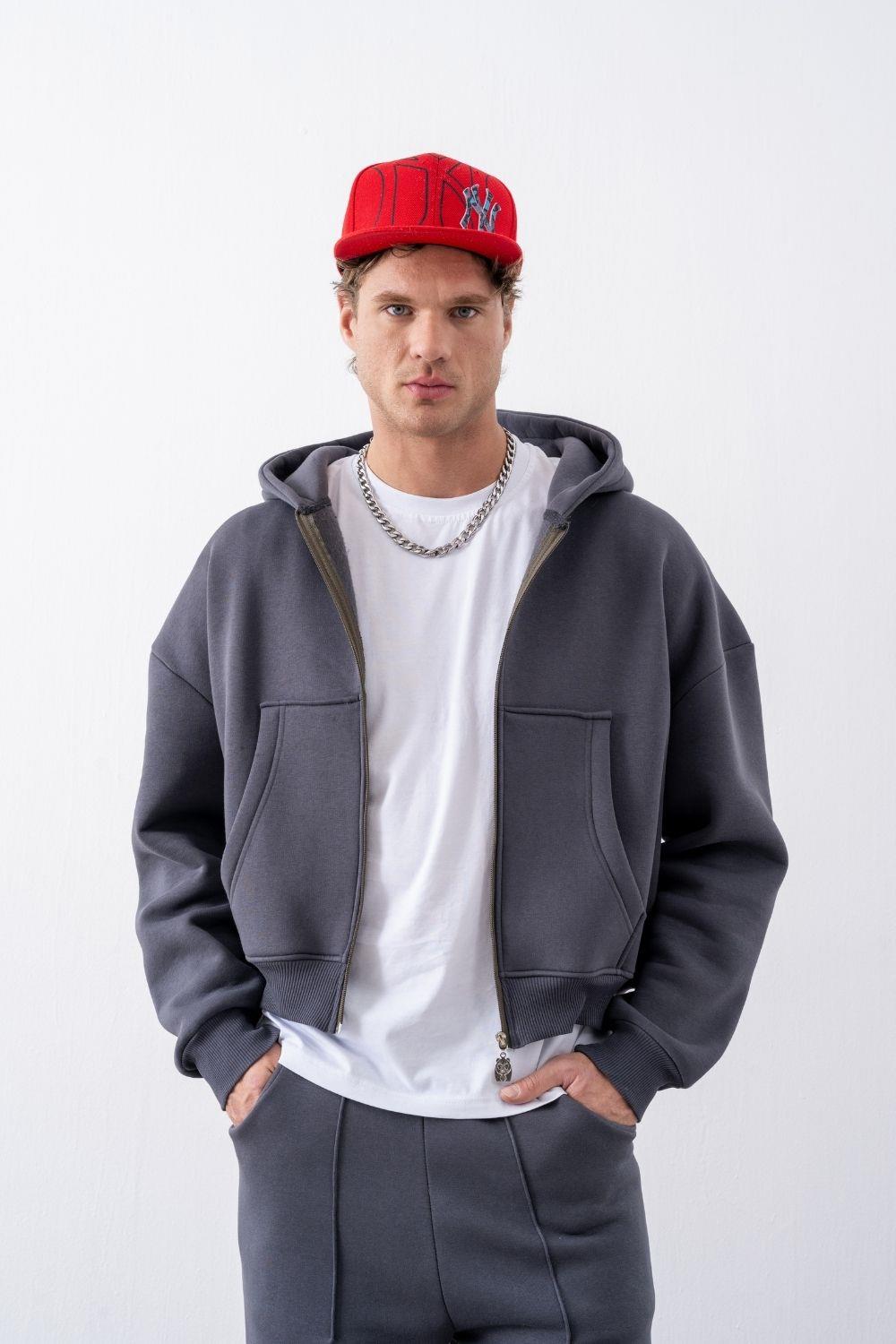 Erkek Boxy Oversize Fermuarlı Chill Antrasit Sweatshirt