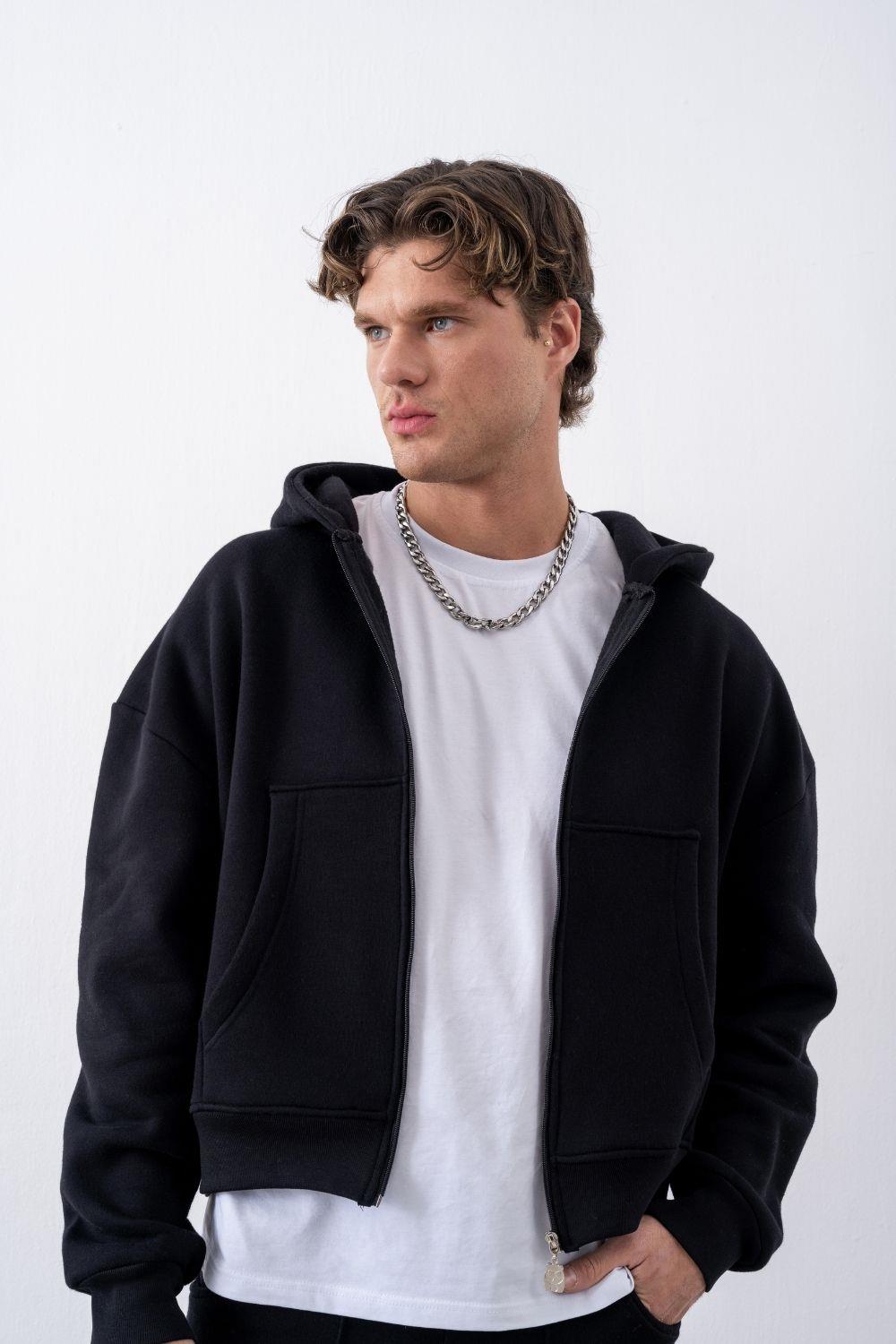 Erkek Boxy Oversize Fermuarlı Chill Siyah Sweatshirt