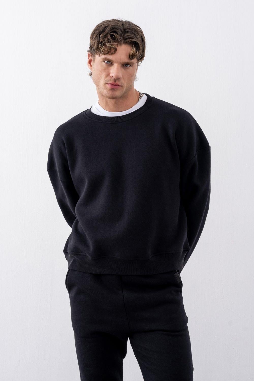 Erkek Boxy Oversize Siyah Sweatshirt