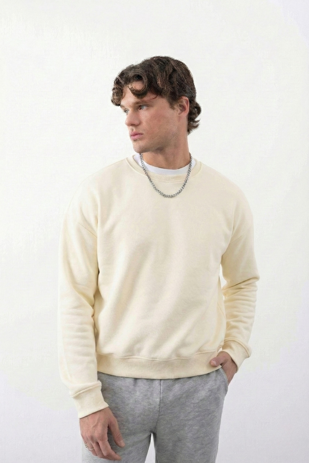 Erkek Boxy Oversize Vanilya Sarısı Sweatshirt