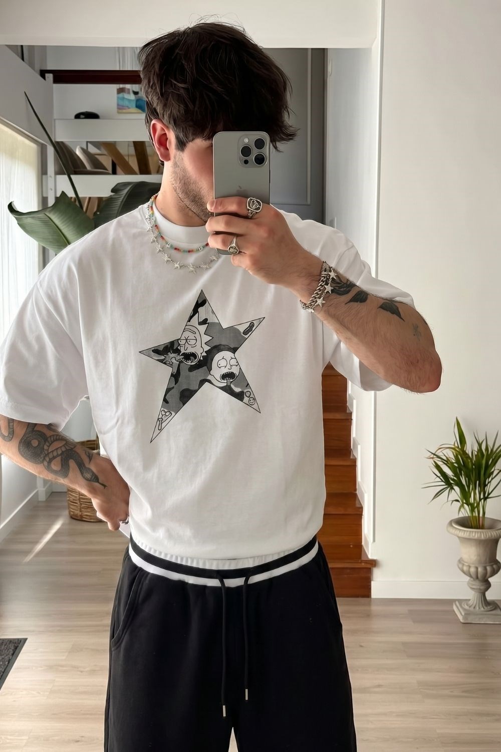 Erkek Rick Oversize Kırık Beyaz Premium T-Shirt