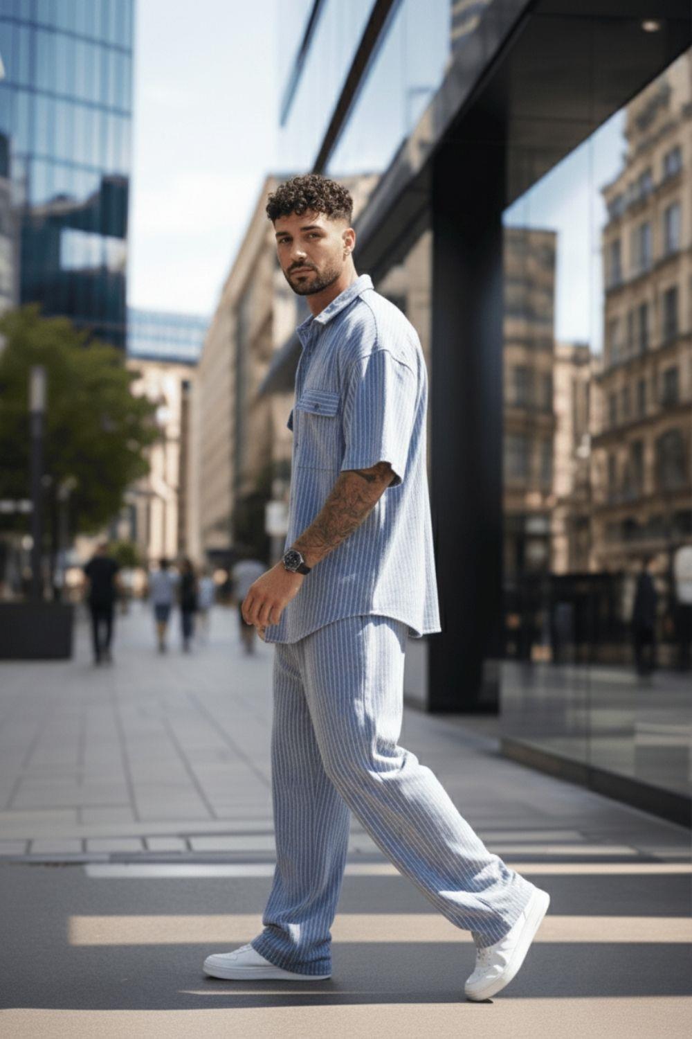 Erkek Çizgili Gri Takım