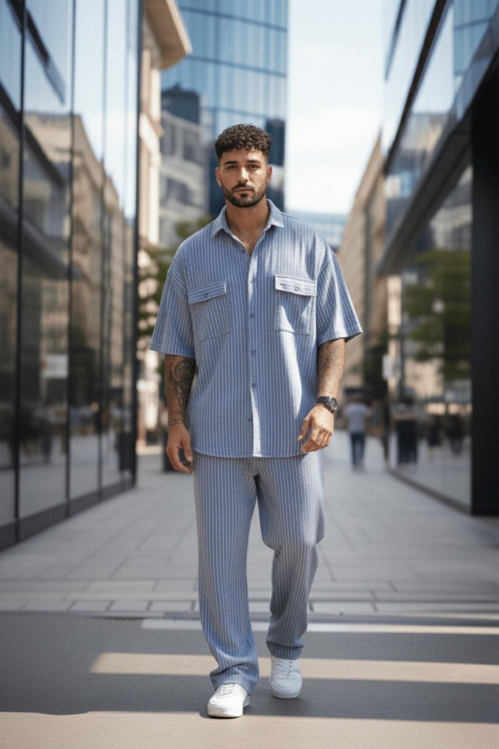 Erkek Çizgili Gri Takım