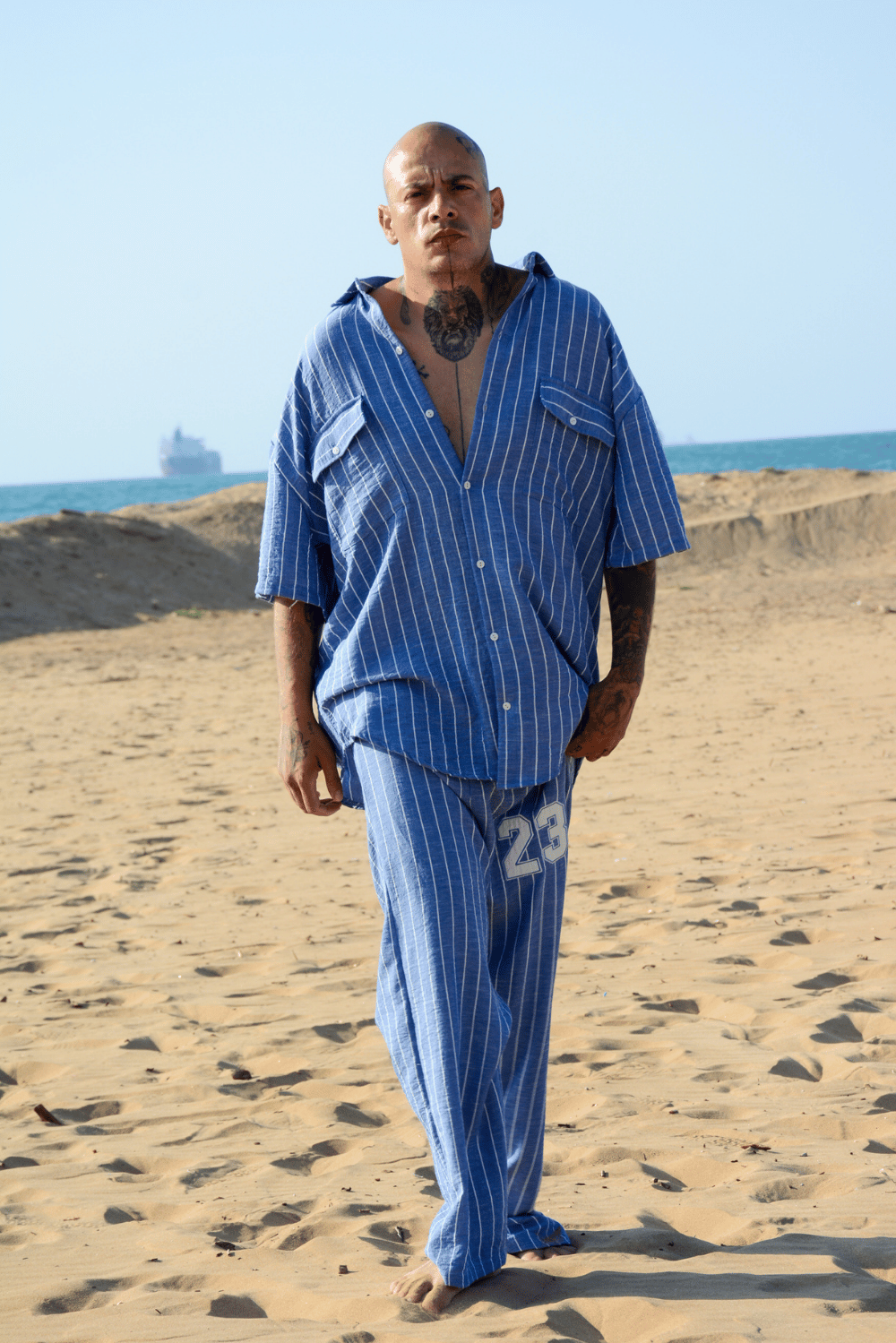 Erkek Çizgili Koyu Mavi Keten Takım