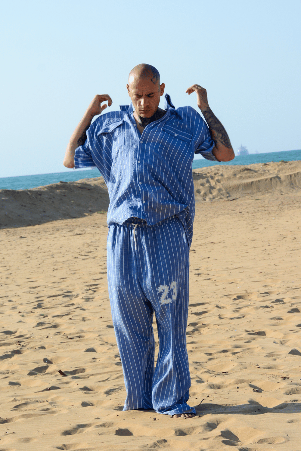 Erkek Çizgili Koyu Mavi Keten Takım