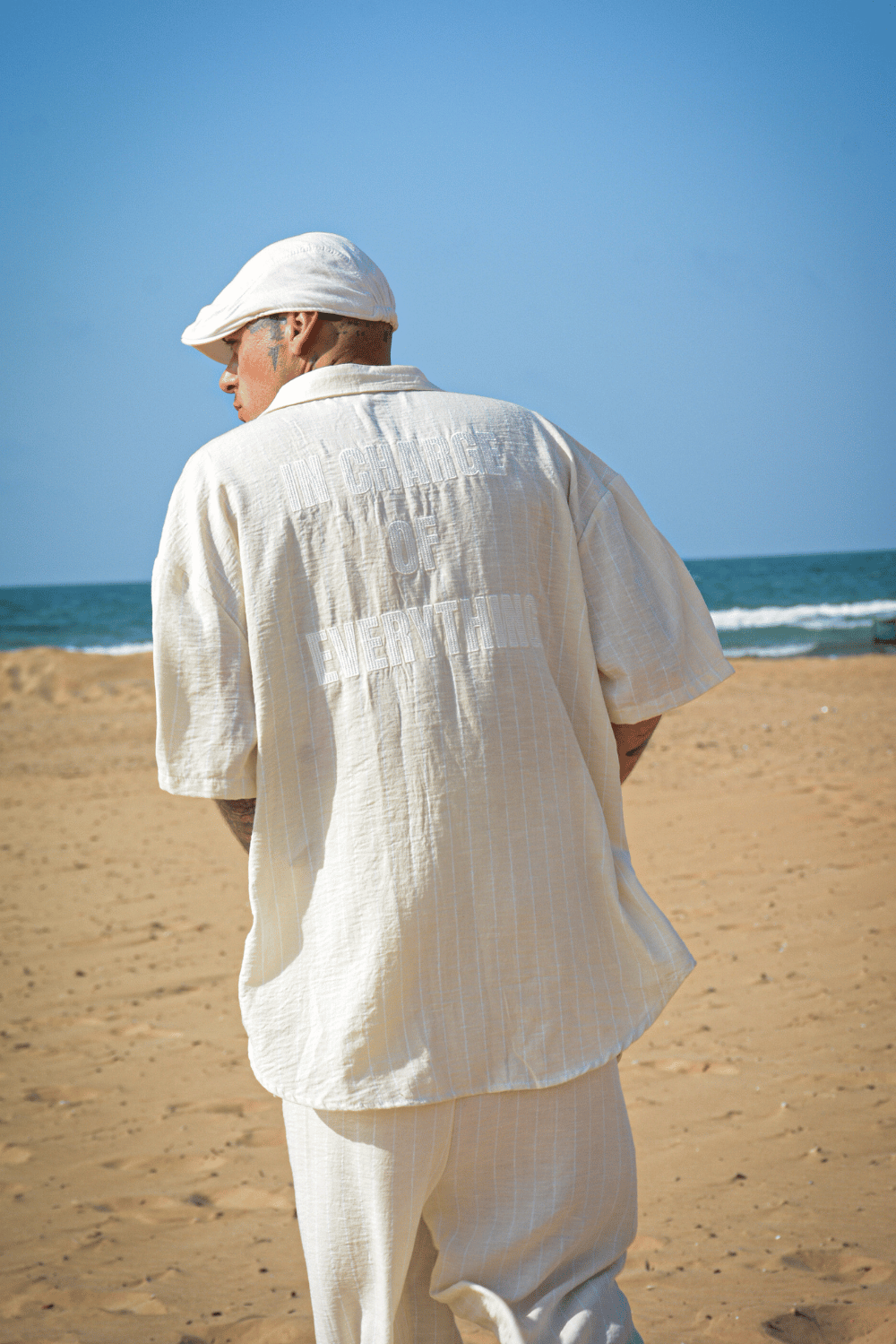 Erkek Çizgili Krem Keten Takım