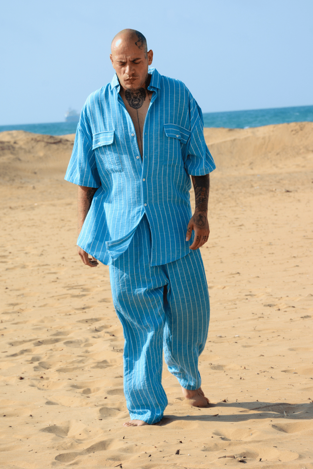 Erkek Çizgili Mavi Keten Takım