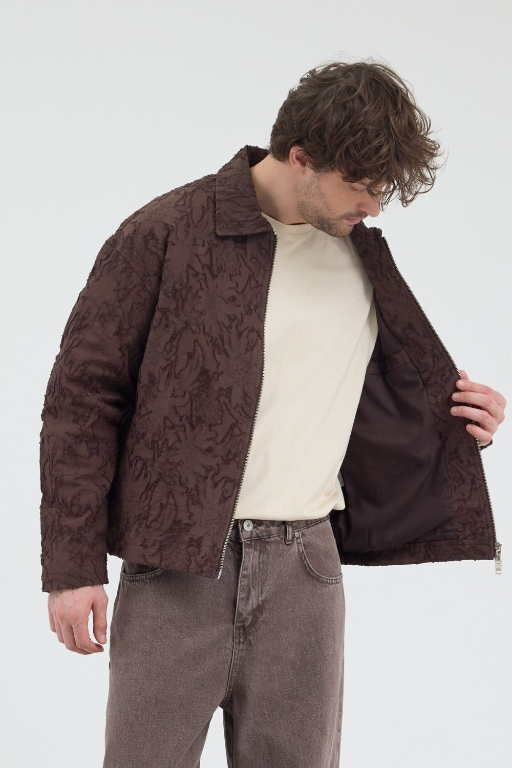 Erkek Desenli Fermuarlı Kahverengi Ceket