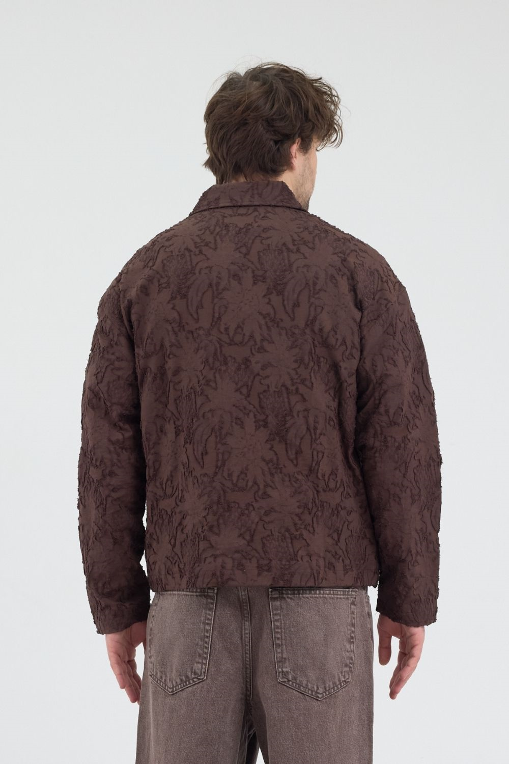 Erkek Desenli Fermuarlı Kahverengi Ceket