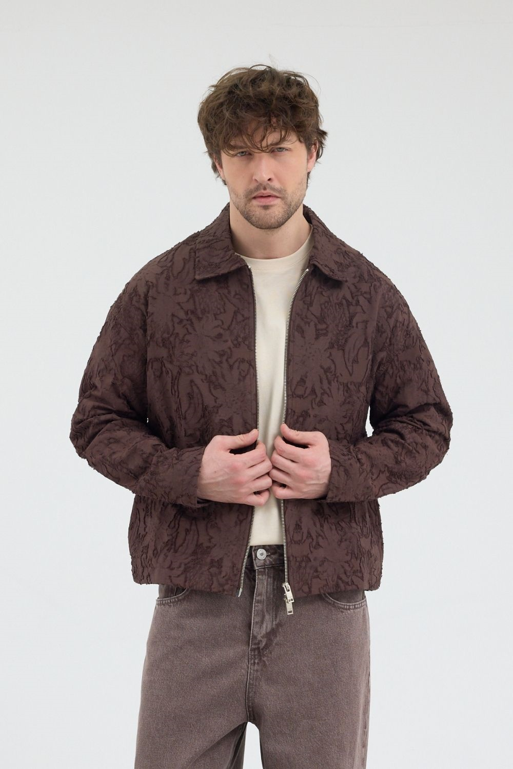 Erkek Desenli Fermuarlı Kahverengi Ceket