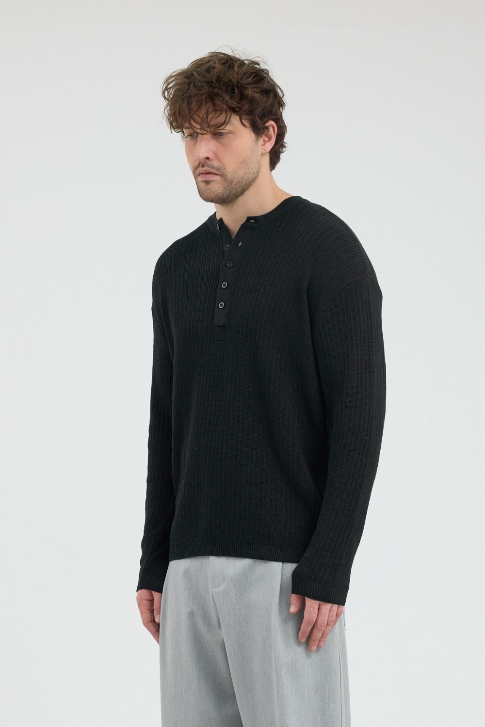 Erkek Fitilli Düğmeli Siyah İnce Kazak