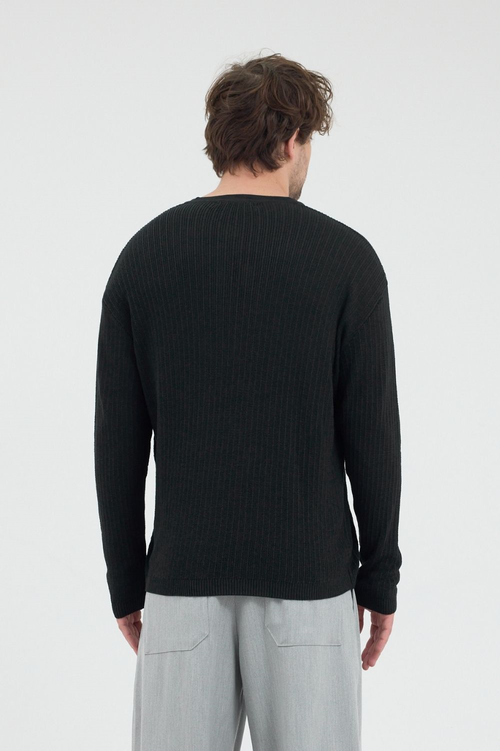 Erkek Fitilli Düğmeli Siyah İnce Kazak