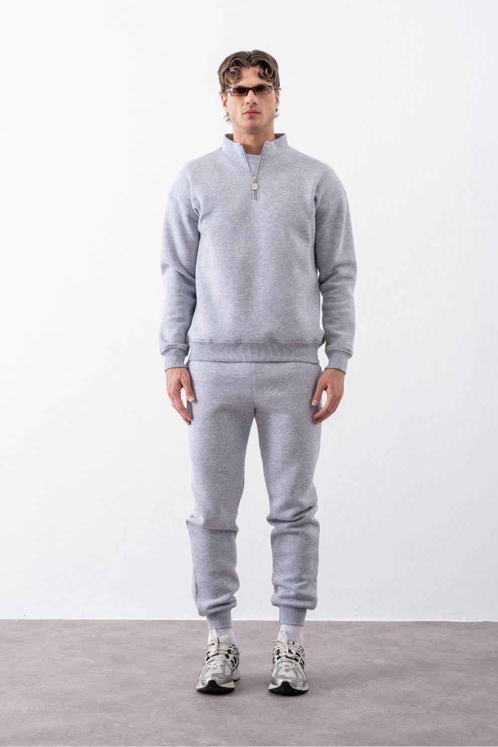 Erkek Gri Fermuarlı Oversize Sweatshirt