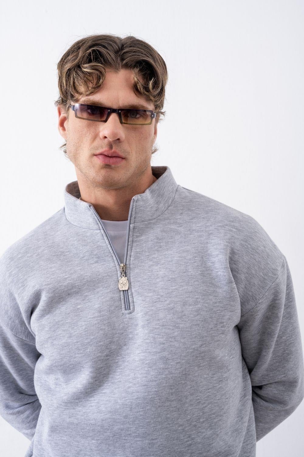 Erkek Gri Fermuarlı Oversize Sweatshirt