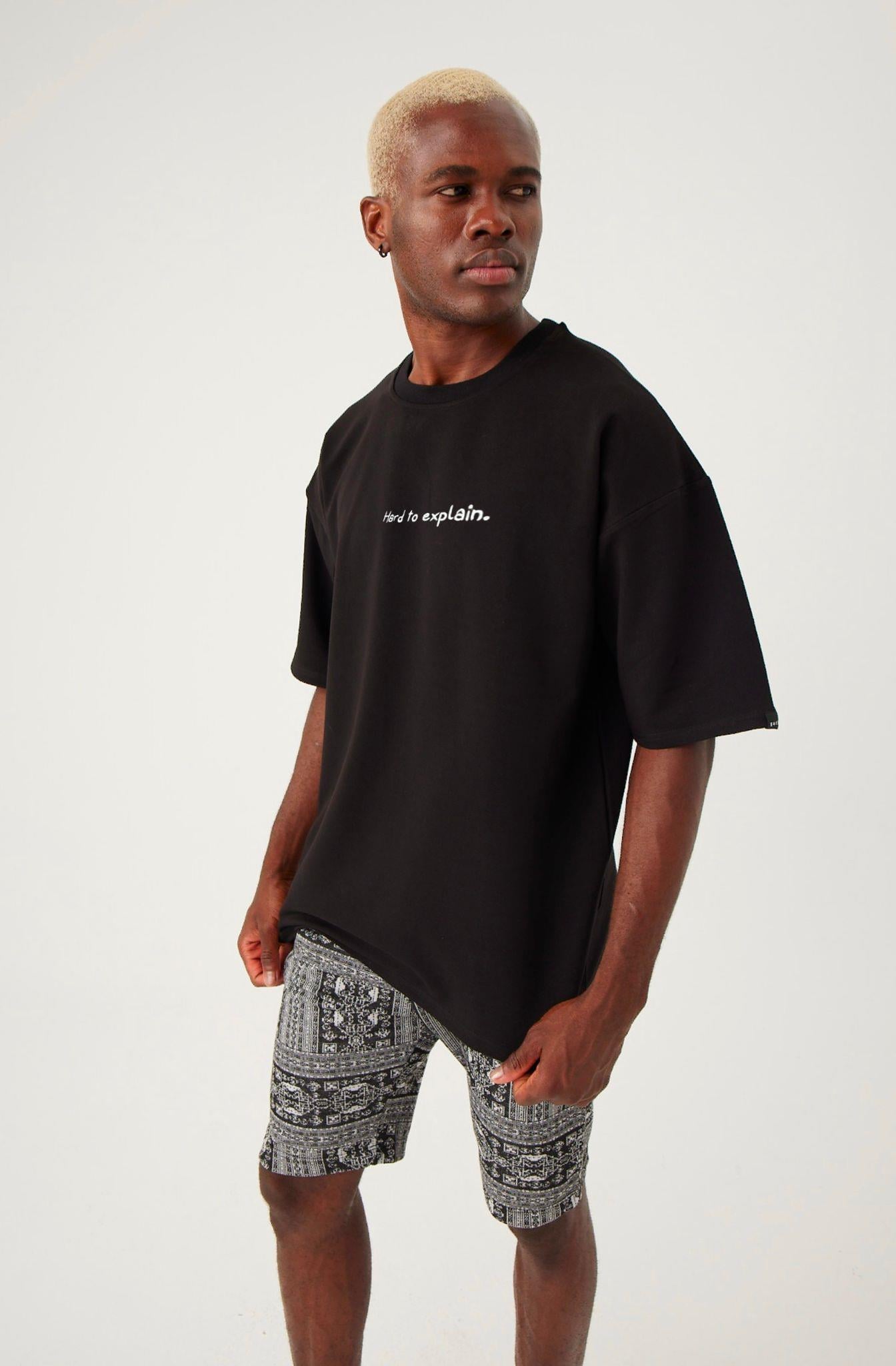 Erkek Hard To Explain Oversize Siyah T-Shirt