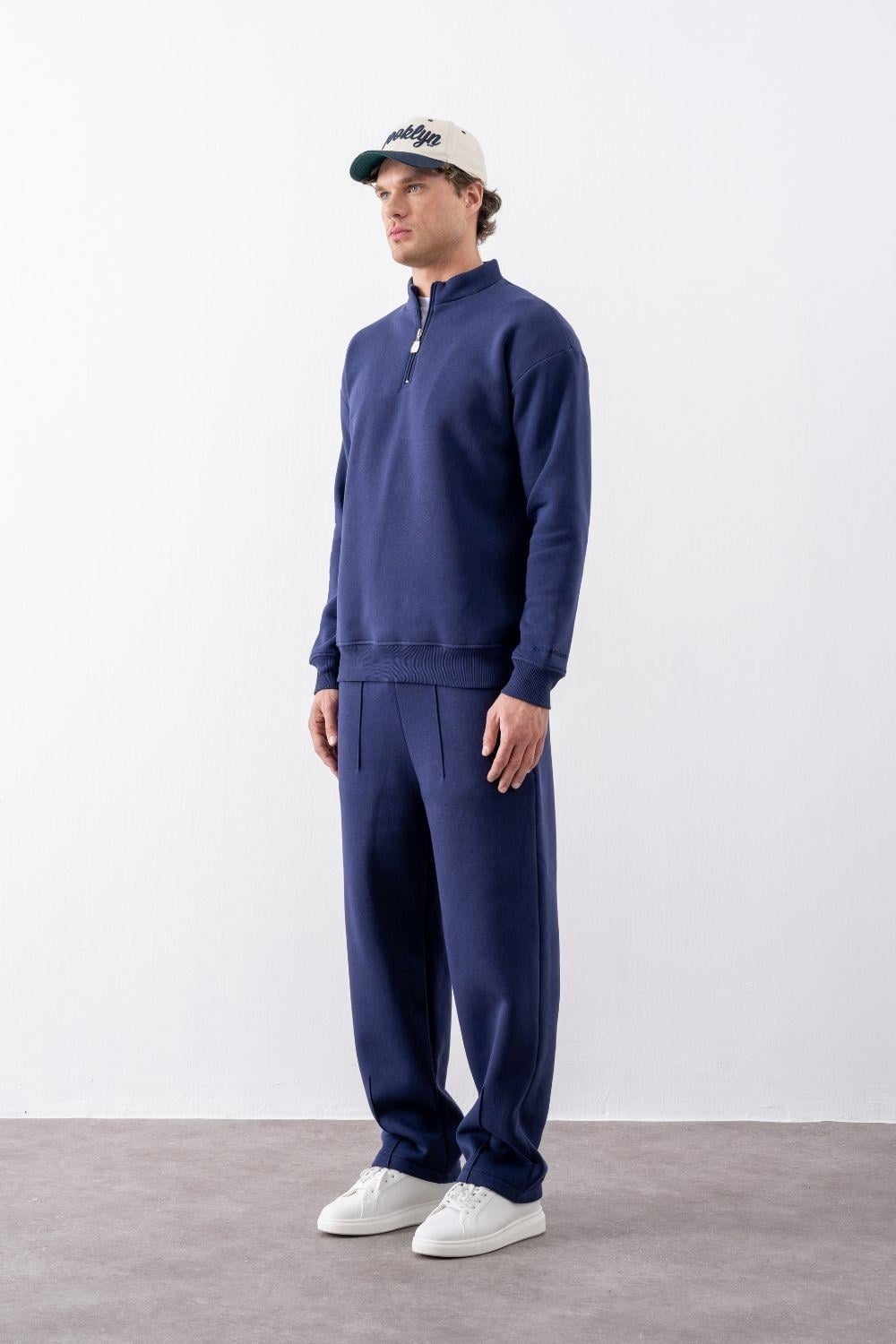 Erkek Lacivert Fermuarlı Oversize Sweatshirt