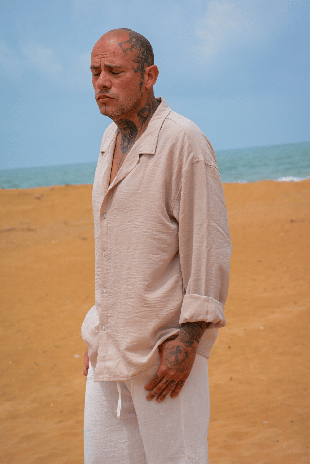 Erkek Oversize Bej Keten Gömlek