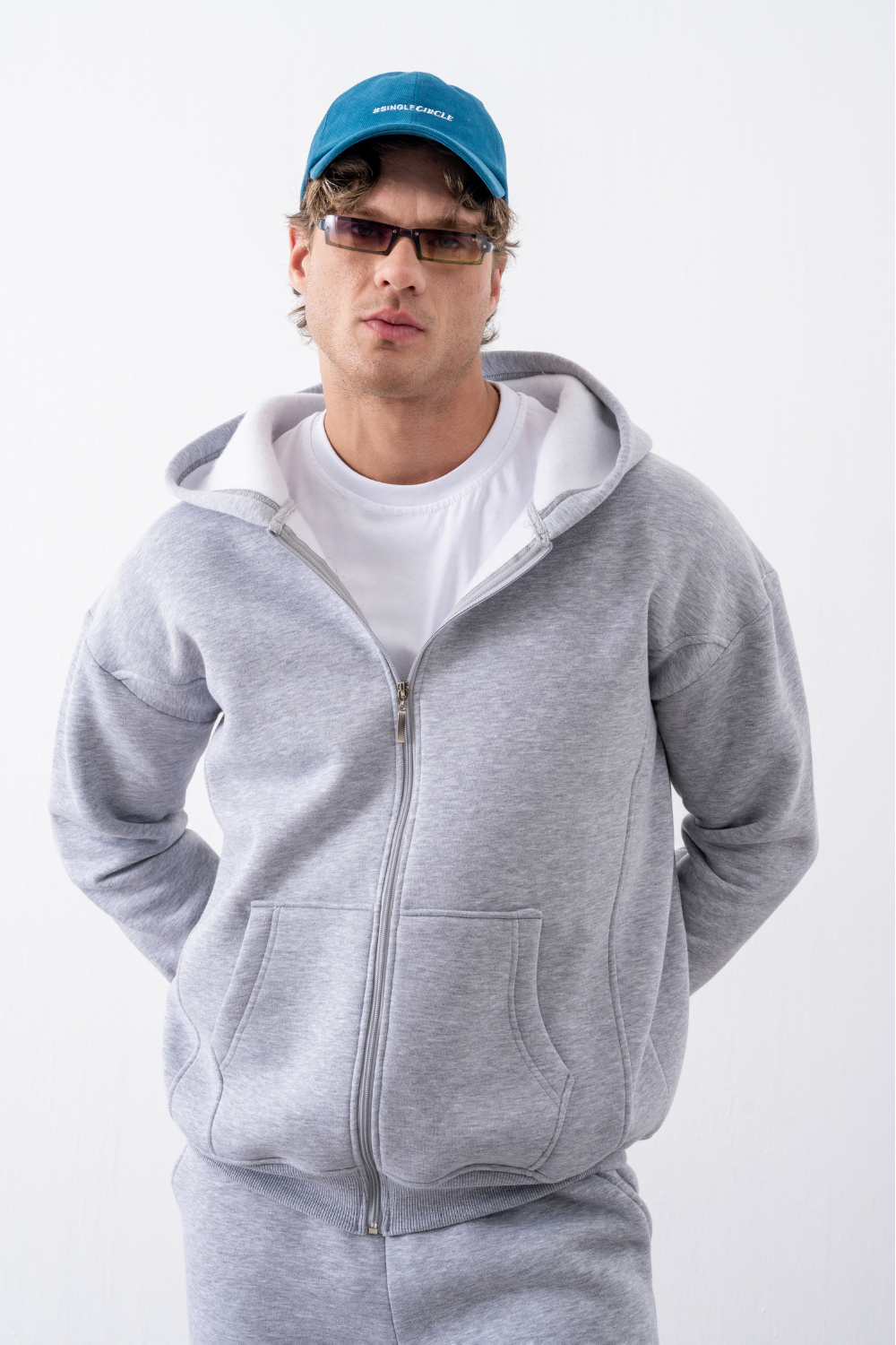 Erkek Oversize Fermuarlı Kapüşonlu Gri Sweatshirt