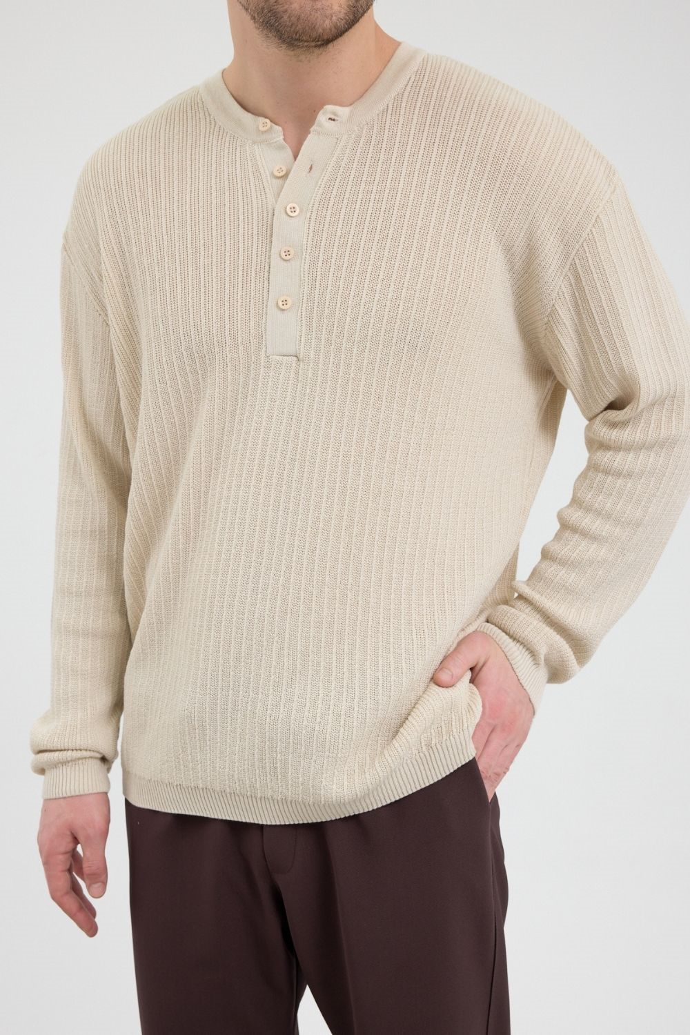 Erkek Fitilli Düğmeli Bej İnce Kazak