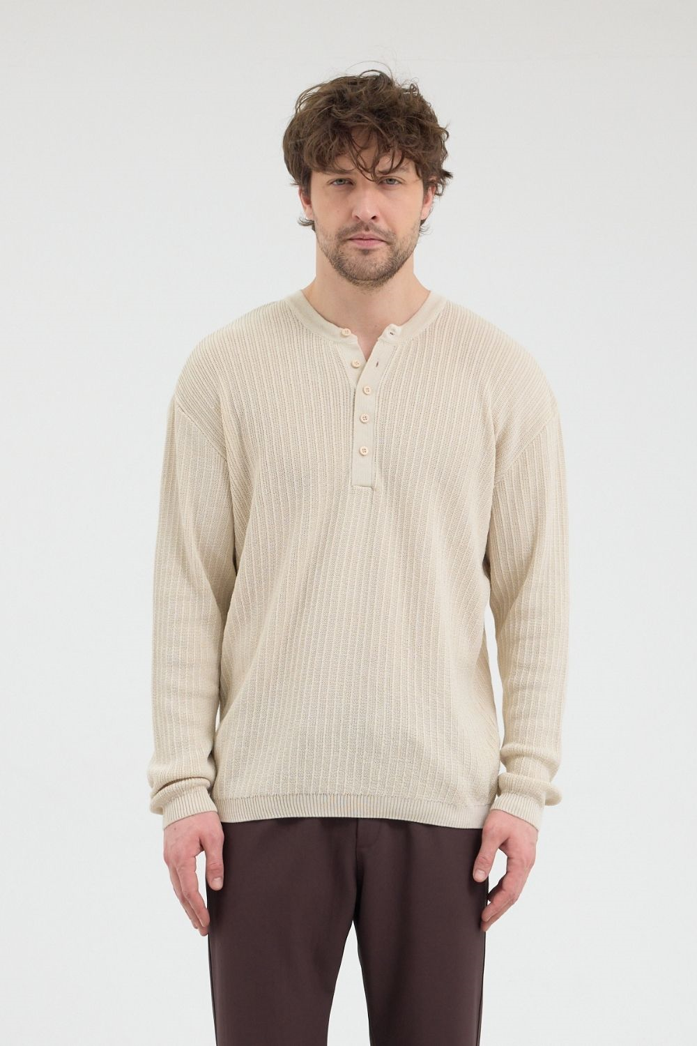 Erkek Fitilli Düğmeli Bej İnce Kazak