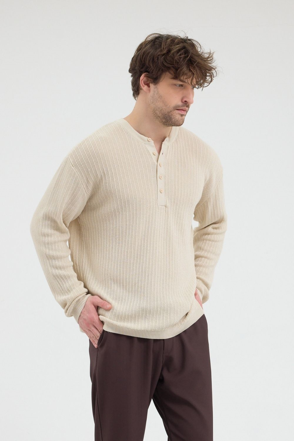 Erkek Fitilli Düğmeli Bej İnce Kazak