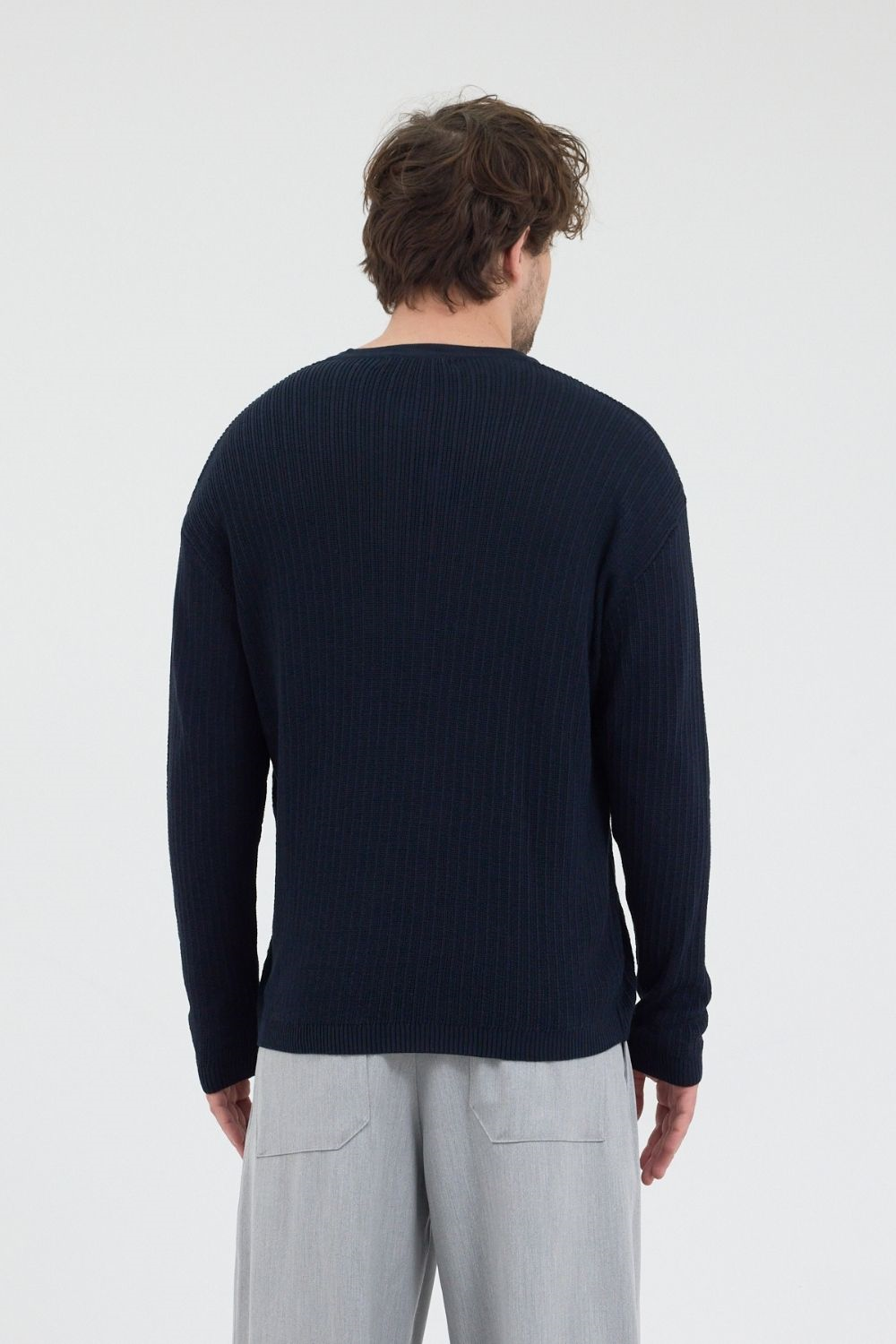 Erkek Fitilli Düğmeli Lacivert İnce Kazak