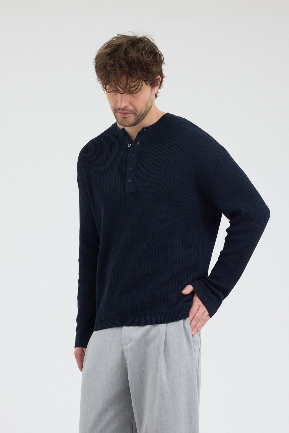 Erkek Fitilli Düğmeli Lacivert İnce Kazak