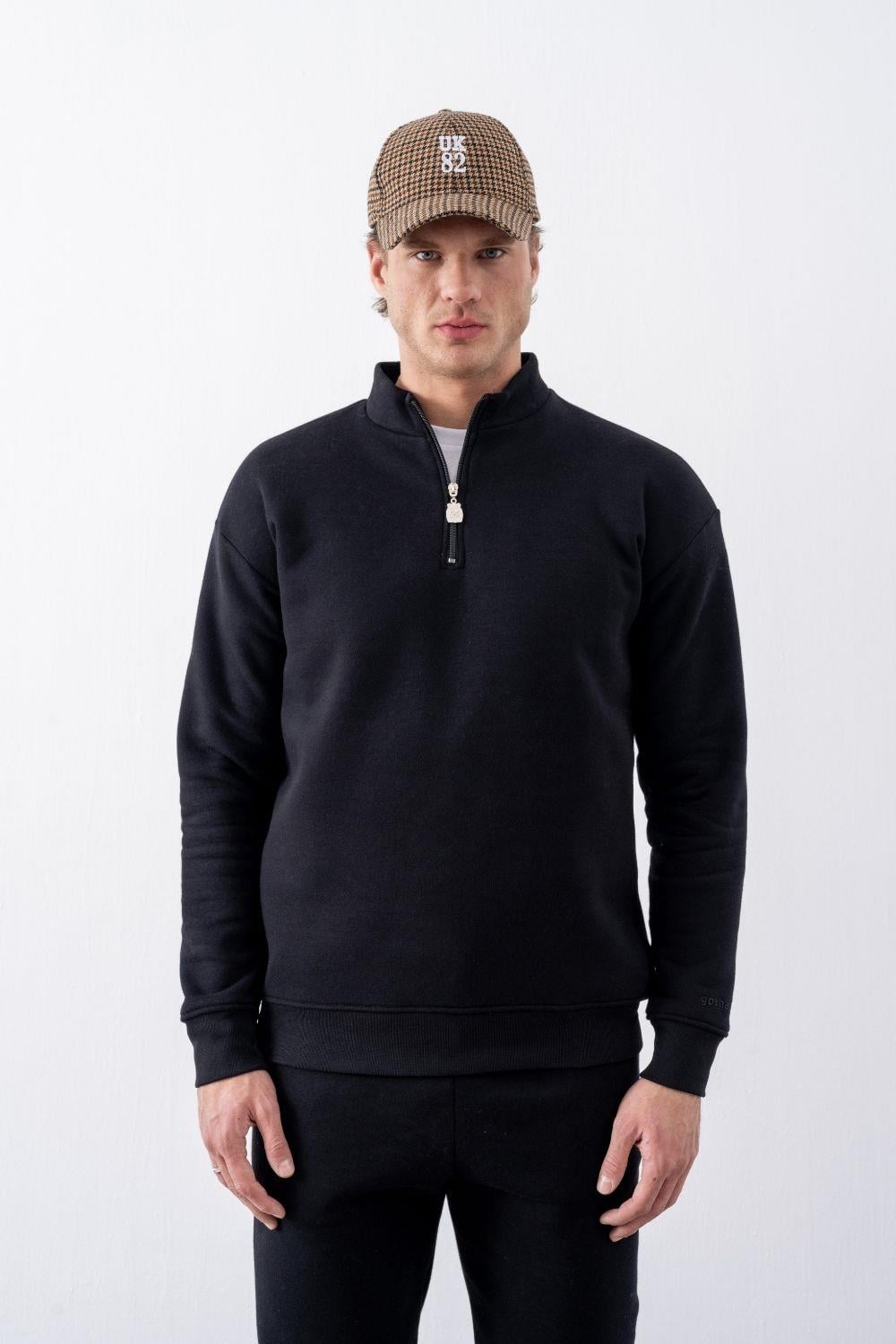 Erkek Siyah Fermuarlı Oversize Sweatshirt
