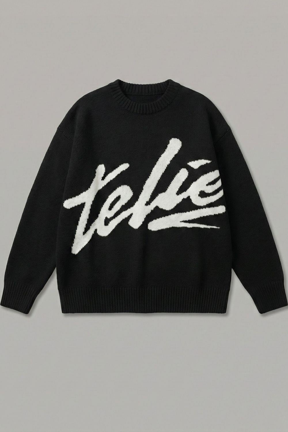 Erkek Siyah İşlemeli Oversize Kazak