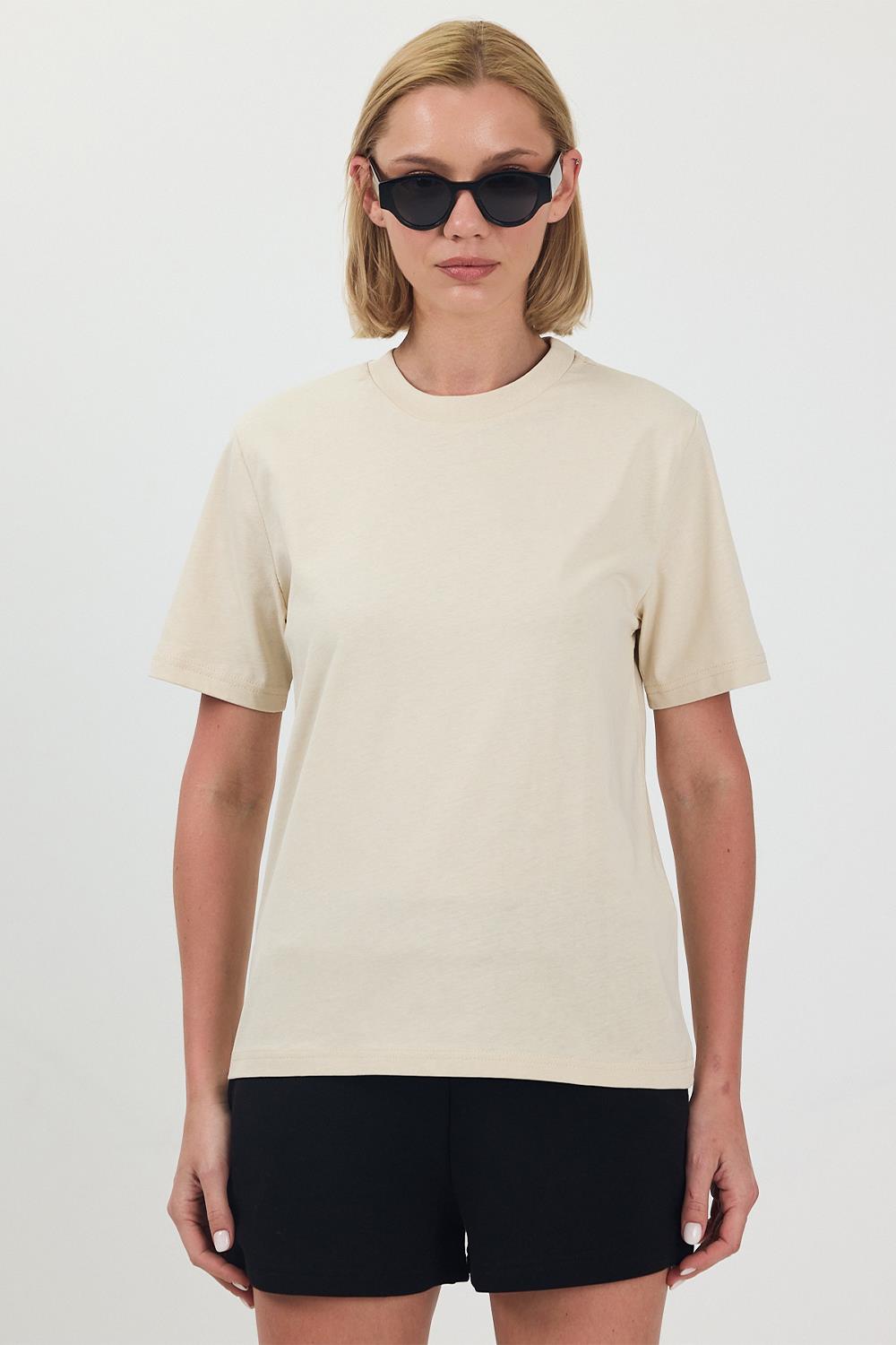 Kadın Basic Krem T-Shirt