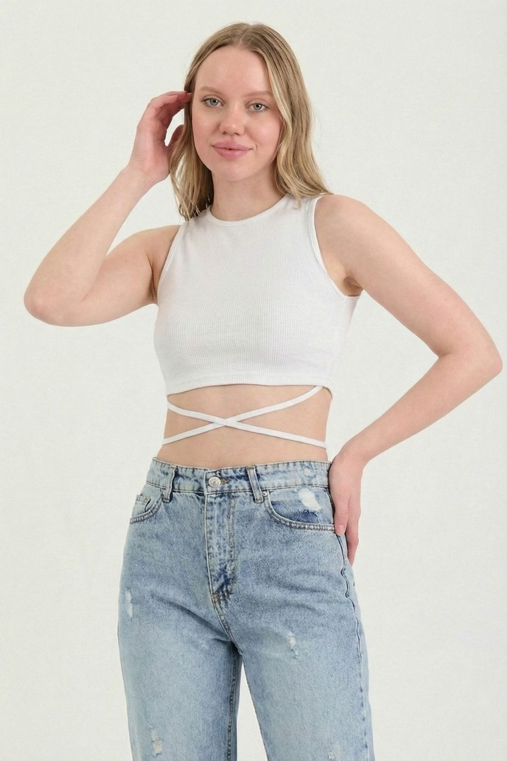 Kadın Belden Bağlamalı Beyaz Crop 