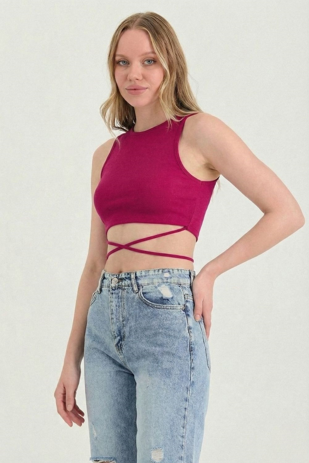 Kadın Belden Bağlamalı Fuşya Crop 