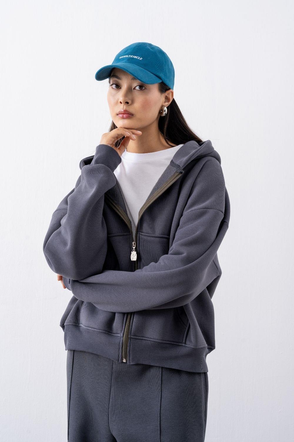 Kadın Chill Oversize Antrasit Fermuarlı Sweatshirt