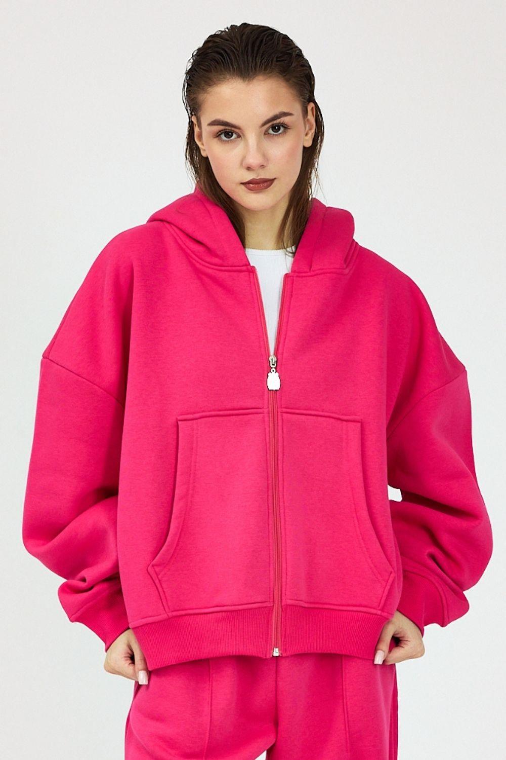 Kadın Chill Oversize Fuşya Fermuarlı Sweatshirt