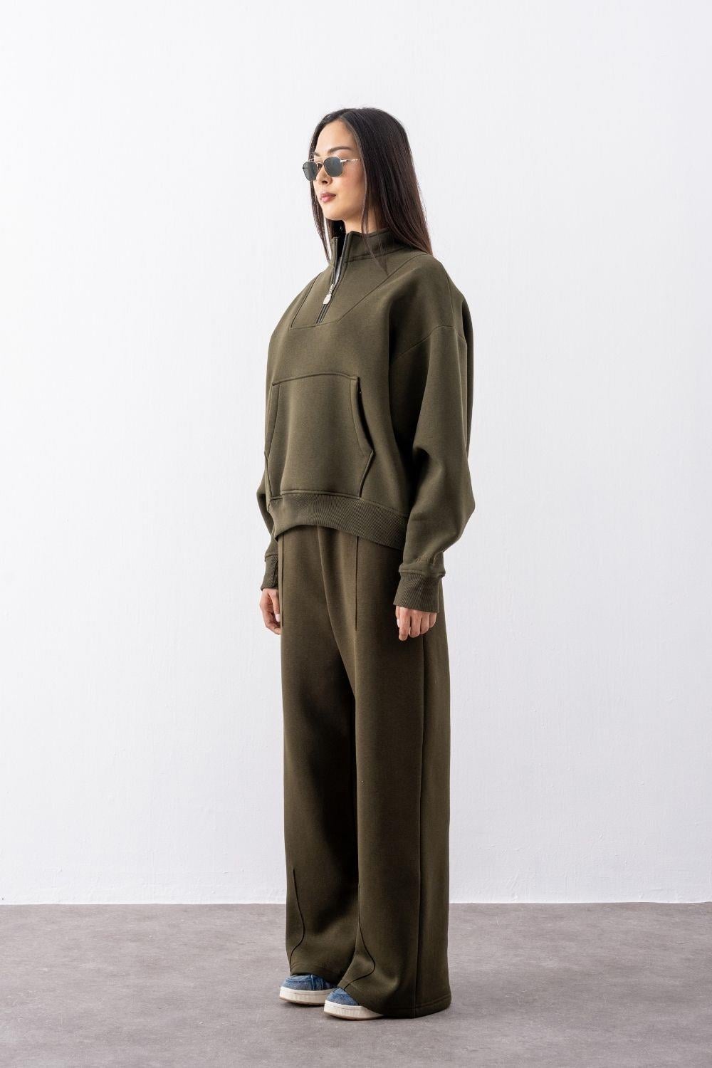 Kadın Haki Fermuarlı Oversize Sweatshirt