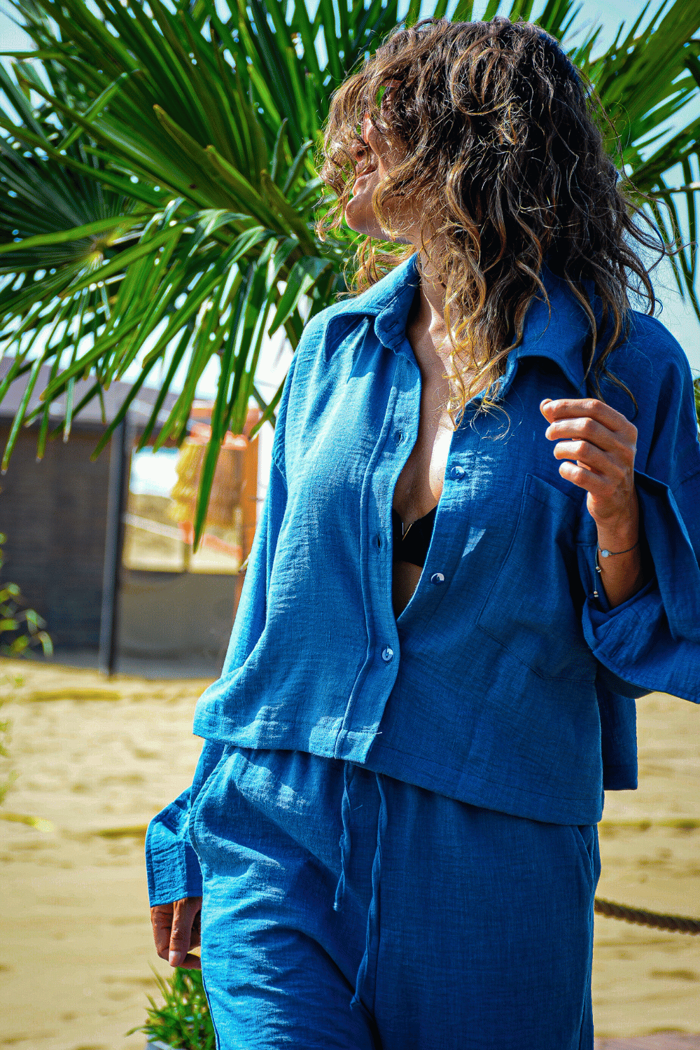 Kadın Mavi Keten Gömlek