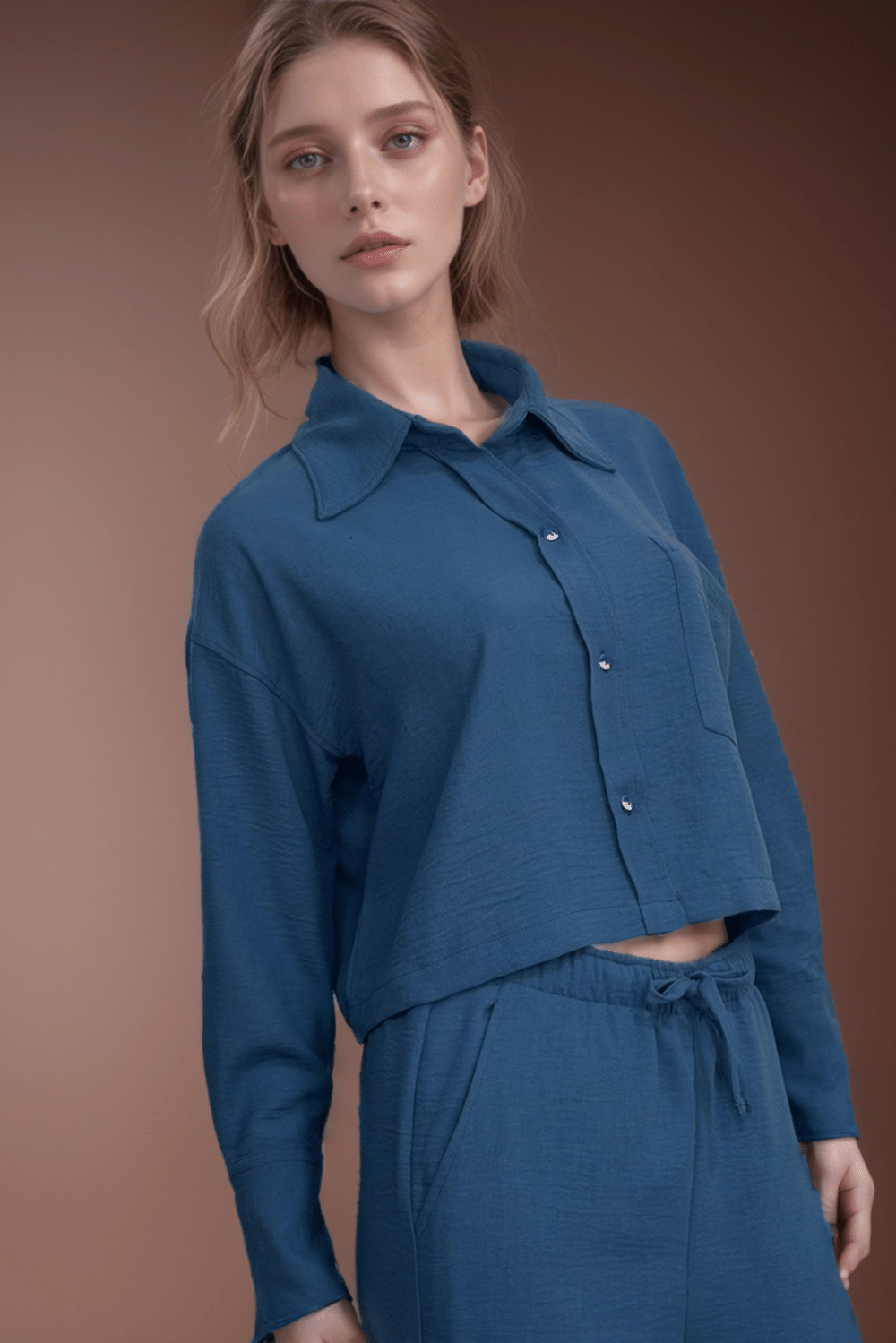 Kadın Mavi Keten Gömlek