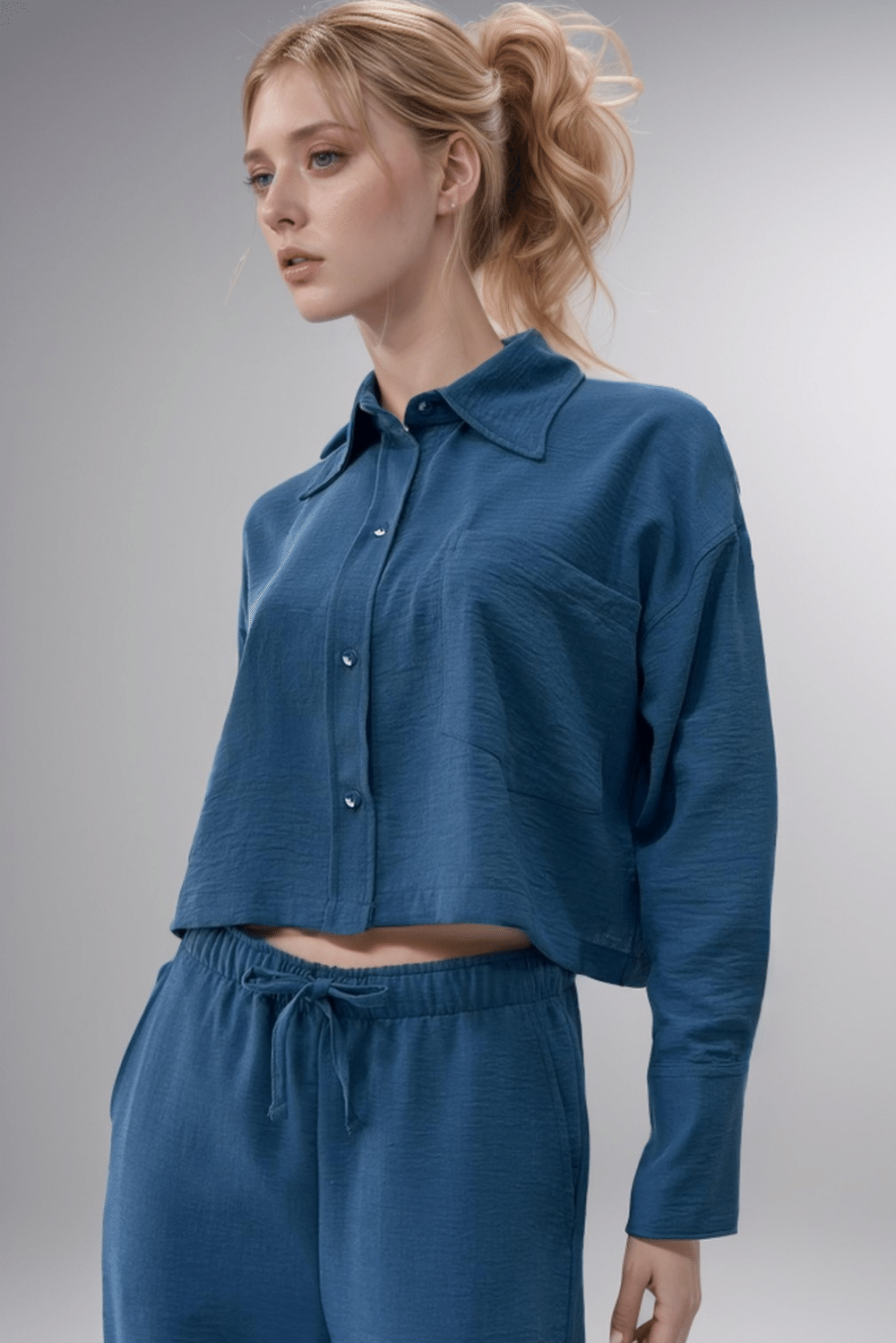 Kadın Mavi Keten Gömlek