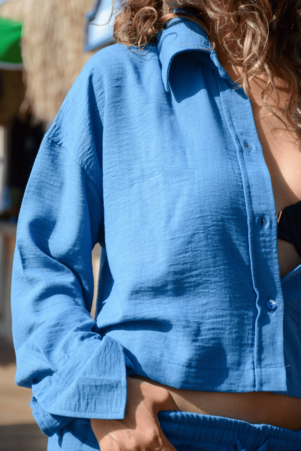 Kadın Mavi Keten Gömlek