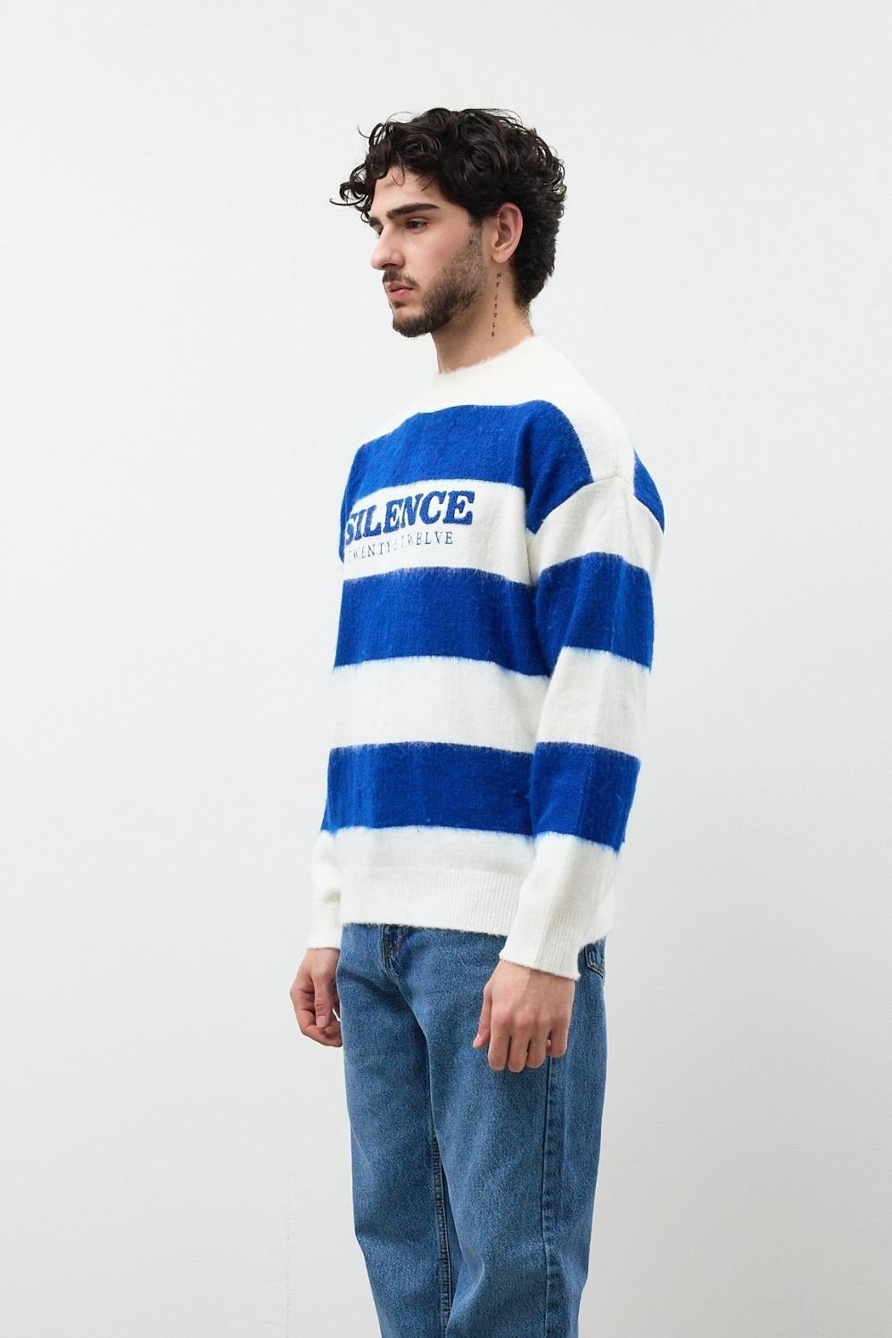 Erkek Saks Oversize Çizgili Kazak