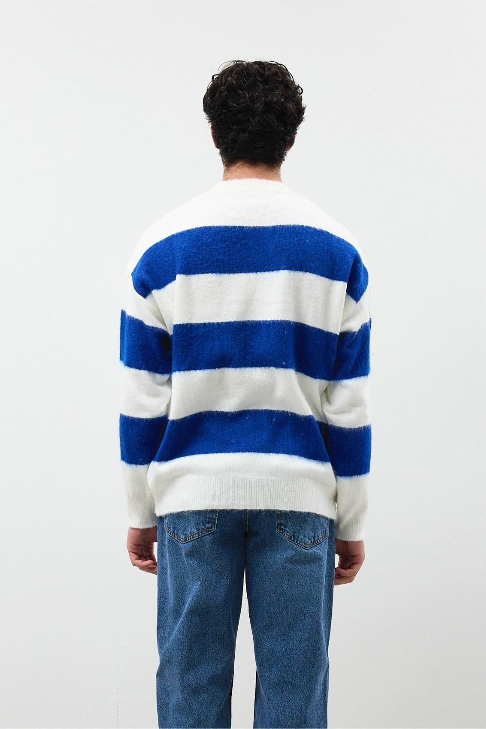 Erkek Saks Oversize Çizgili Kazak